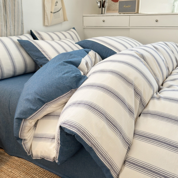 91家纺网 家纺一手货源 找家纺 娜娜 2025新款A类全棉色织水洗棉四件套 罗马系列-深蓝