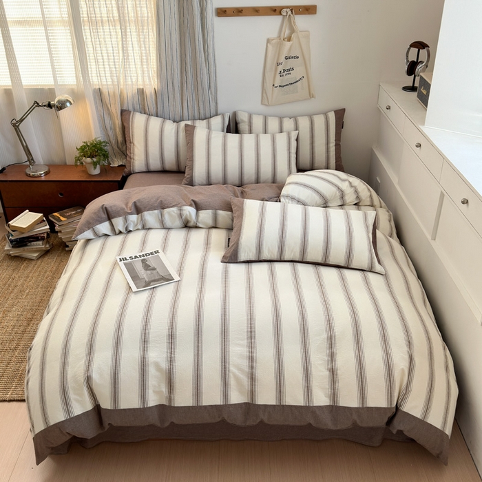 91家纺网 家纺一手货源 找家纺 娜娜 2025新款A类全棉色织水洗棉四件套 罗马系列-条纹咖