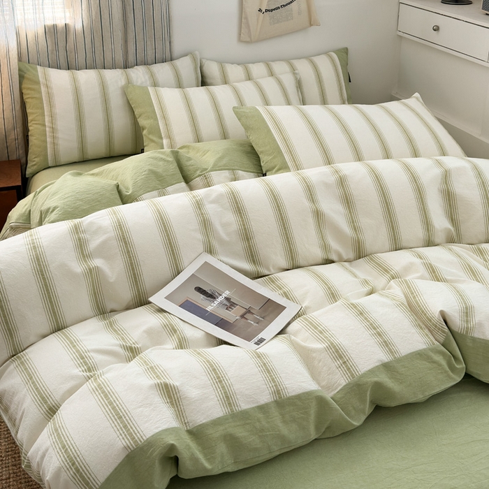 91家纺网 家纺一手货源 找家纺 娜娜 2025新款A类全棉色织水洗棉四件套 罗马系列-条纹绿