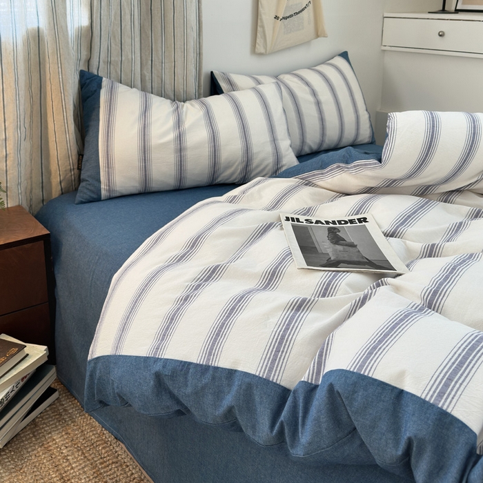 91家纺网 家纺一手货源 找家纺 娜娜 2025新款A类全棉色织水洗棉四件套 罗马系列-深蓝