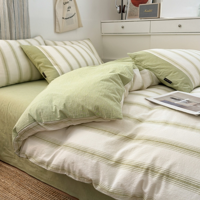 91家纺网 家纺一手货源 找家纺 娜娜 2025新款A类全棉色织水洗棉四件套 罗马系列-条纹绿