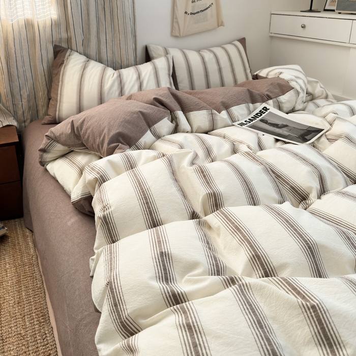 91家纺网 家纺一手货源 找家纺 娜娜 2025新款A类全棉色织水洗棉四件套 罗马系列-条纹咖