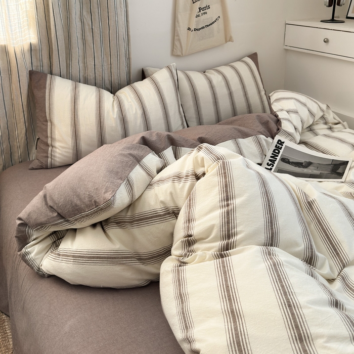 91家纺网 家纺一手货源 找家纺 娜娜 2025新款A类全棉色织水洗棉四件套 罗马系列-条纹咖