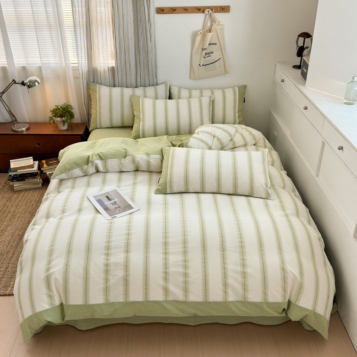 91家纺网 家纺一手货源 找家纺 娜娜 2025新款A类全棉色织水洗棉四件套 罗马系列-条纹绿