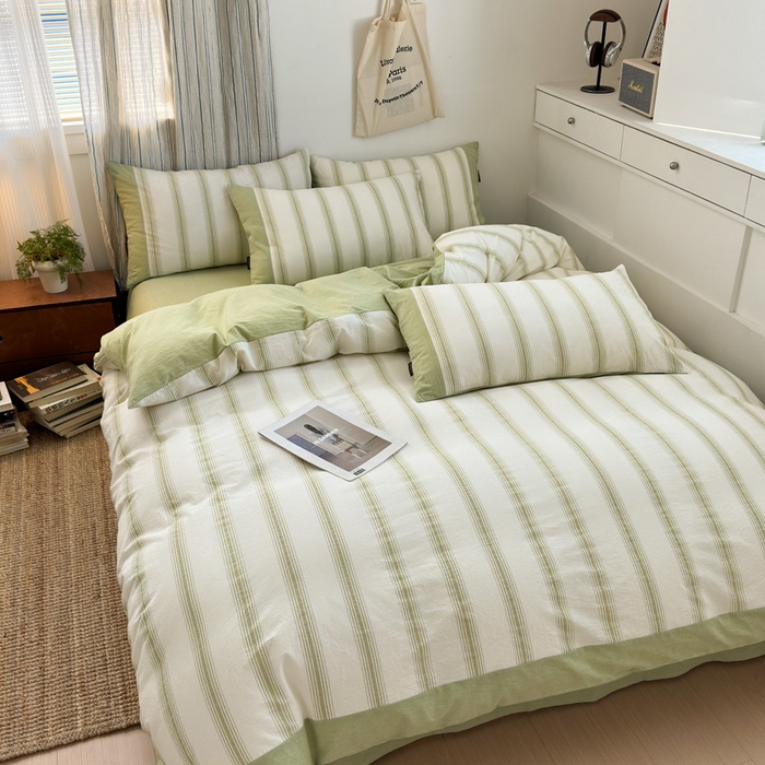91家纺网 家纺一手货源 找家纺 娜娜 2025新款A类全棉色织水洗棉四件套 罗马系列-条纹绿