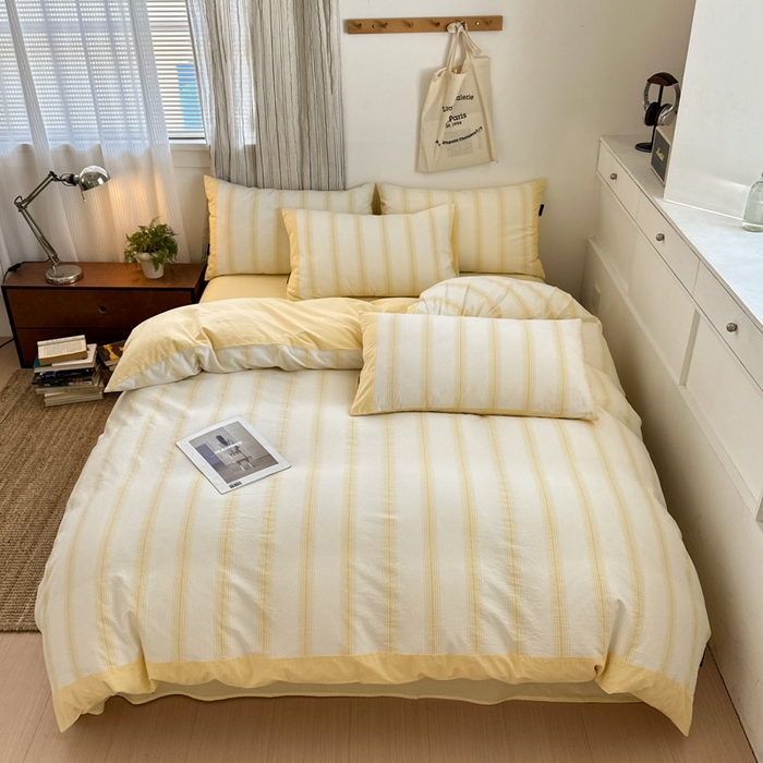 91家纺网 家纺一手货源 找家纺 娜娜 2025新款A类全棉色织水洗棉四件套 罗马系列-条纹黄