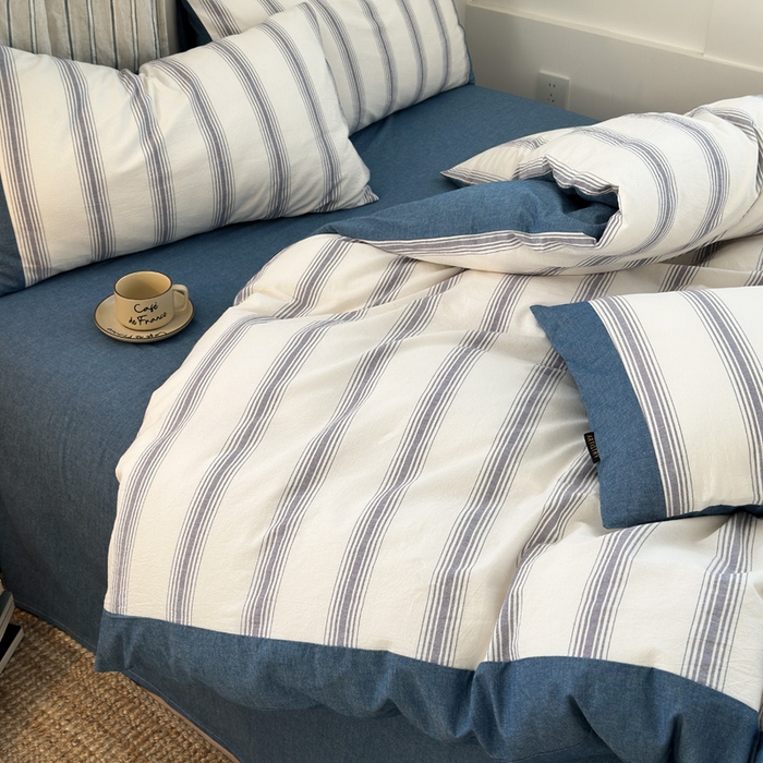 91家纺网 家纺一手货源 找家纺 娜娜 2025新款A类全棉色织水洗棉四件套 罗马系列-深蓝