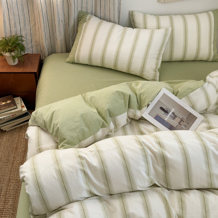 91家纺网 家纺一手货源 找家纺 娜娜 2025新款A类全棉色织水洗棉四件套 罗马系列-条纹绿