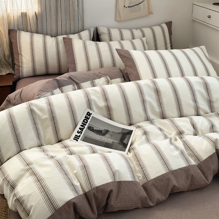 91家纺网 家纺一手货源 找家纺 娜娜 2025新款A类全棉色织水洗棉四件套 罗马系列-条纹咖