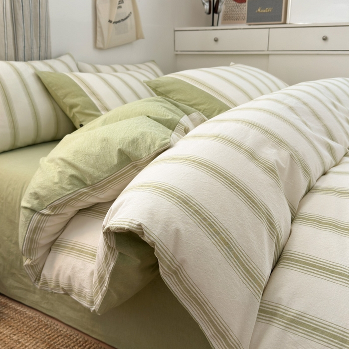 91家纺网 家纺一手货源 找家纺 娜娜 2025新款A类全棉色织水洗棉四件套 罗马系列-条纹绿