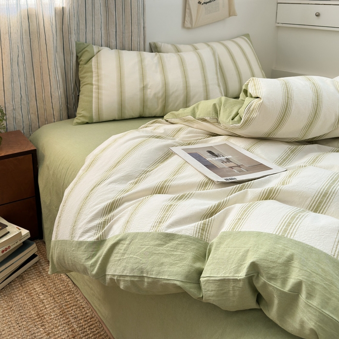 91家纺网 家纺一手货源 找家纺 娜娜 2025新款A类全棉色织水洗棉四件套 罗马系列-条纹绿