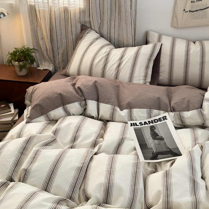 91家纺网 家纺一手货源 找家纺 娜娜 2025新款A类全棉色织水洗棉四件套 罗马系列-条纹咖