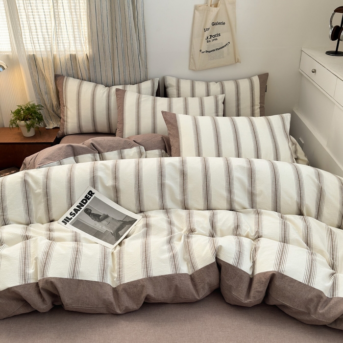 91家纺网 家纺一手货源 找家纺 娜娜 2025新款A类全棉色织水洗棉四件套 罗马系列-条纹咖