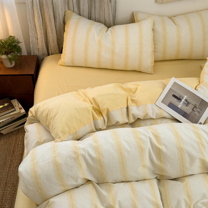 91家纺网 家纺一手货源 找家纺 娜娜 2025新款A类全棉色织水洗棉四件套 罗马系列-条纹黄