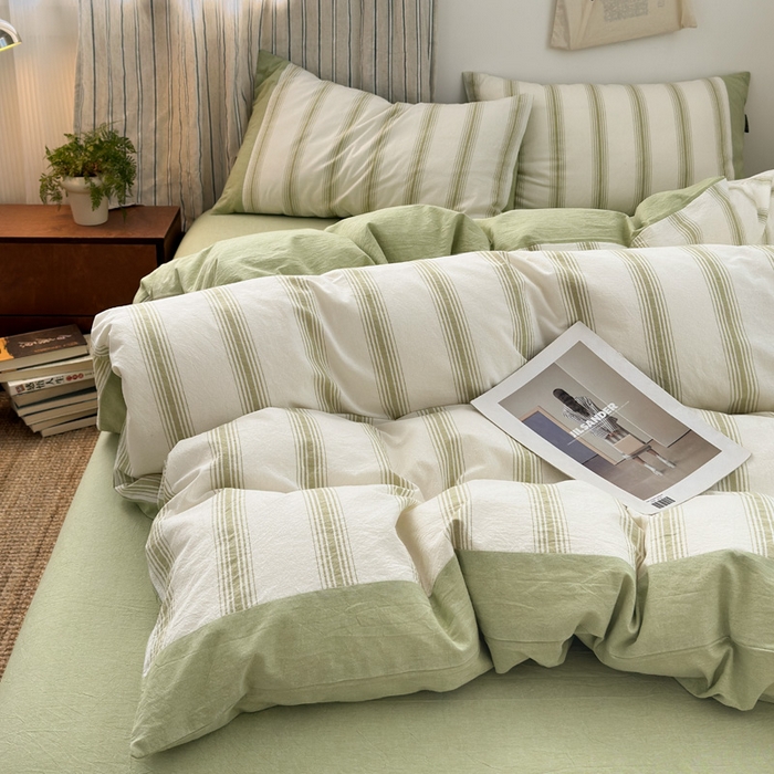 91家纺网 家纺一手货源 找家纺 娜娜 2025新款A类全棉色织水洗棉四件套 罗马系列-条纹绿