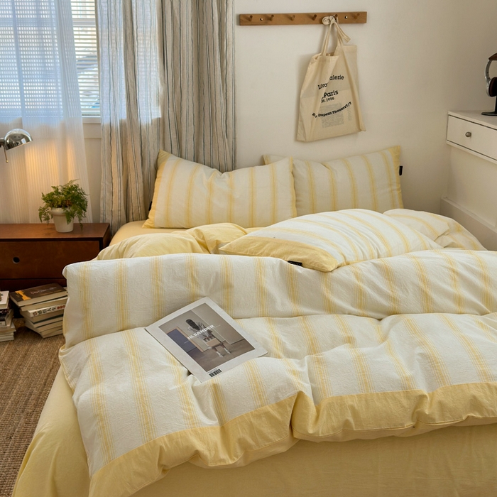 91家纺网 家纺一手货源 找家纺 娜娜 2025新款A类全棉色织水洗棉四件套 罗马系列-条纹黄
