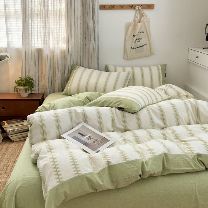 91家纺网 家纺一手货源 找家纺 娜娜 2025新款A类全棉色织水洗棉四件套 罗马系列-条纹绿