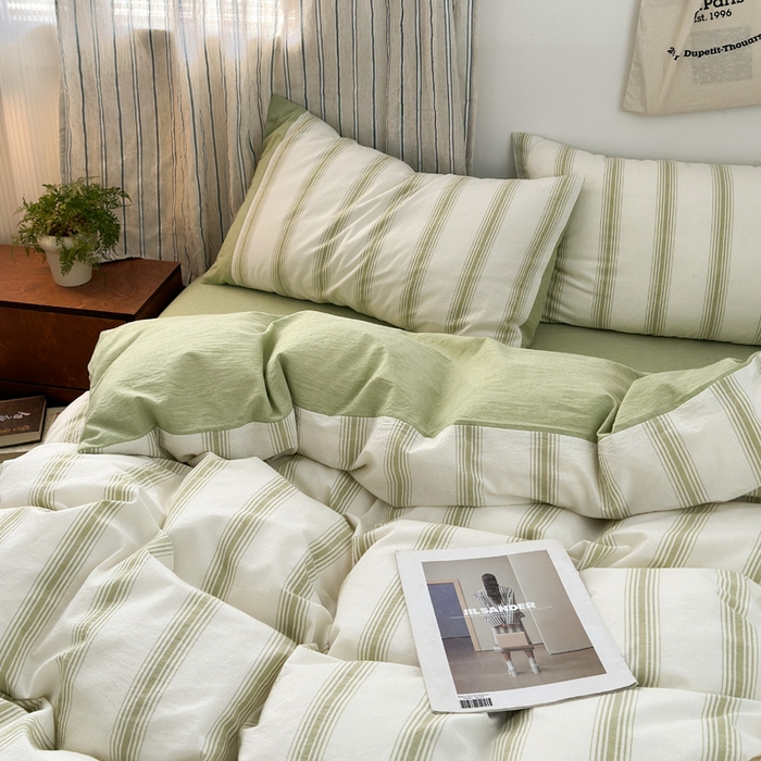 91家纺网 家纺一手货源 找家纺 娜娜 2025新款A类全棉色织水洗棉四件套 罗马系列-条纹绿