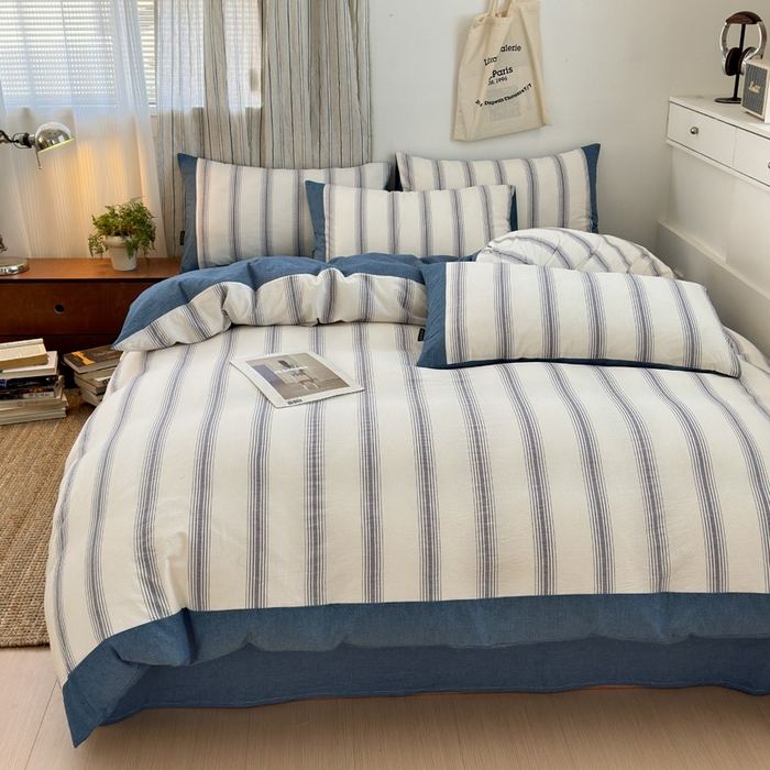 91家纺网 家纺一手货源 找家纺 娜娜 2025新款A类全棉色织水洗棉四件套 罗马系列-深蓝