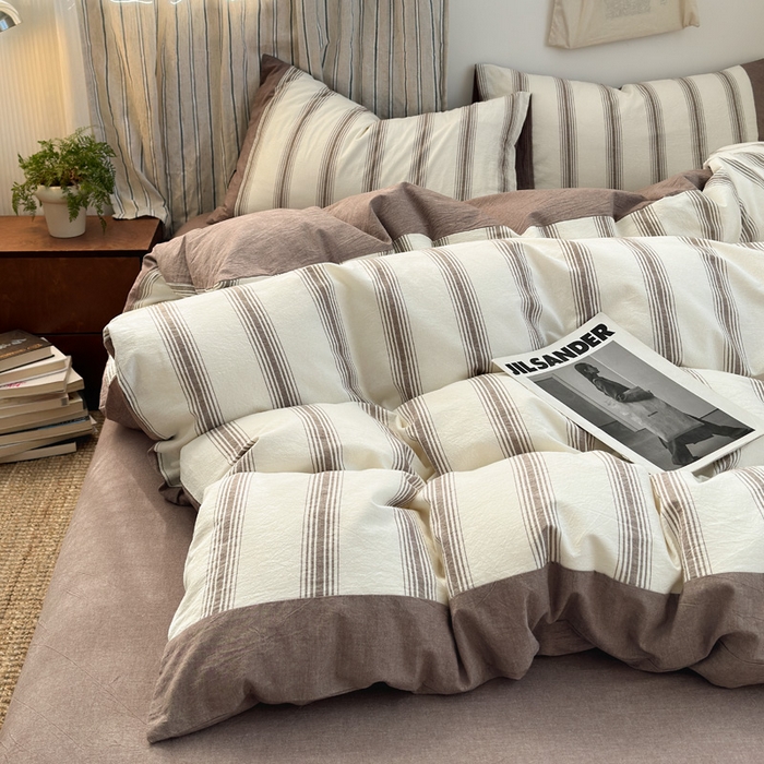 91家纺网 家纺一手货源 找家纺 娜娜 2025新款A类全棉色织水洗棉四件套 罗马系列-条纹咖