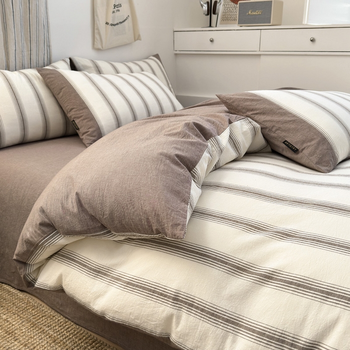 91家纺网 家纺一手货源 找家纺 娜娜 2025新款A类全棉色织水洗棉四件套 罗马系列-条纹咖