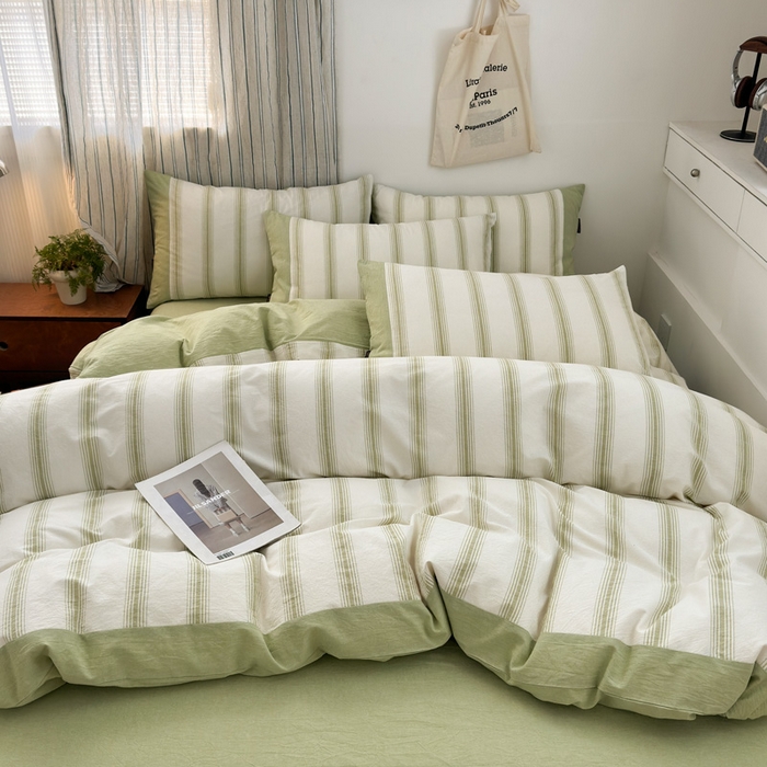 91家纺网 家纺一手货源 找家纺 娜娜 2025新款A类全棉色织水洗棉四件套 罗马系列-条纹绿