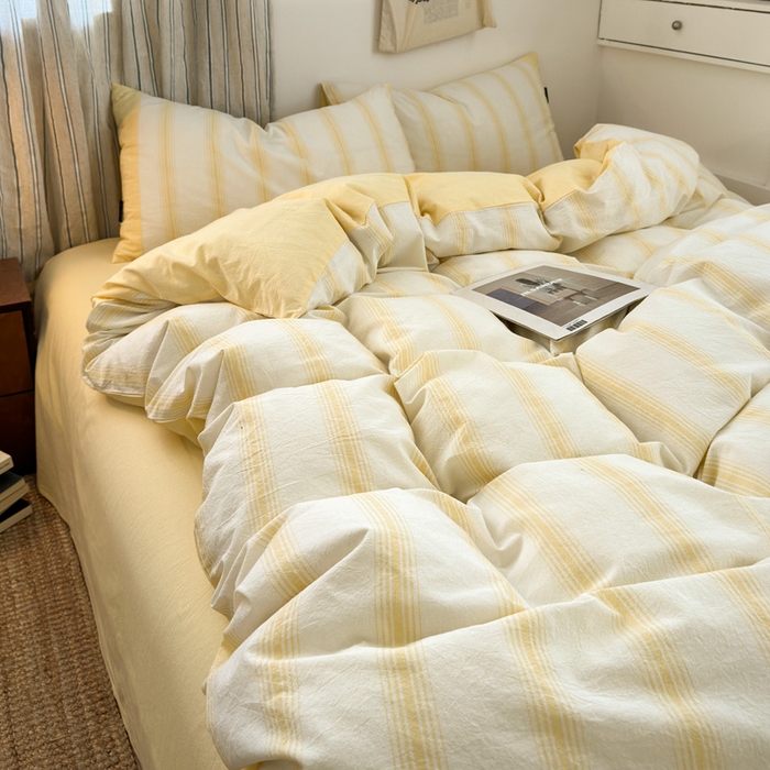 91家纺网 家纺一手货源 找家纺 娜娜 2025新款A类全棉色织水洗棉四件套 罗马系列-条纹黄