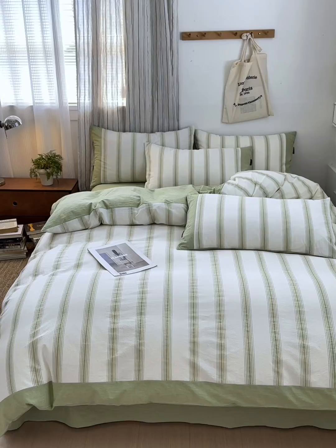 91家纺网 家纺一手货源 找家纺 娜娜 2025新款A类全棉色织水洗棉四件套 罗马系列-条纹绿
