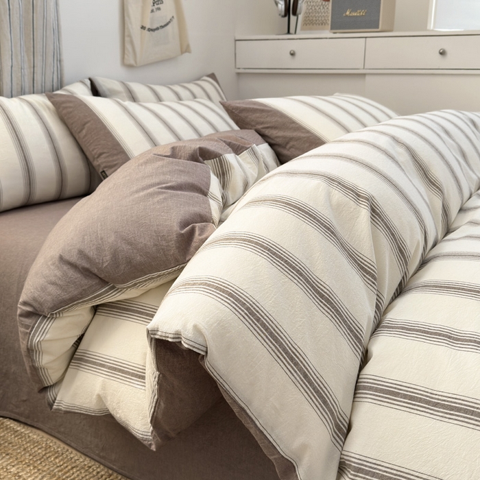 91家纺网 家纺一手货源 找家纺 娜娜 2025新款A类全棉色织水洗棉四件套 罗马系列-条纹咖