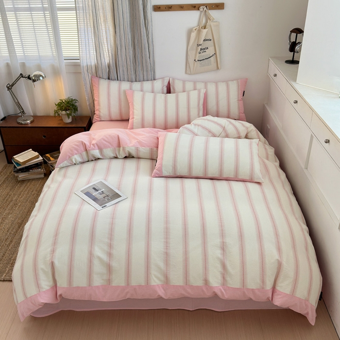 91家纺网 家纺一手货源 找家纺 娜娜 2025新款A类全棉色织水洗棉四件套 罗马系列-条纹粉