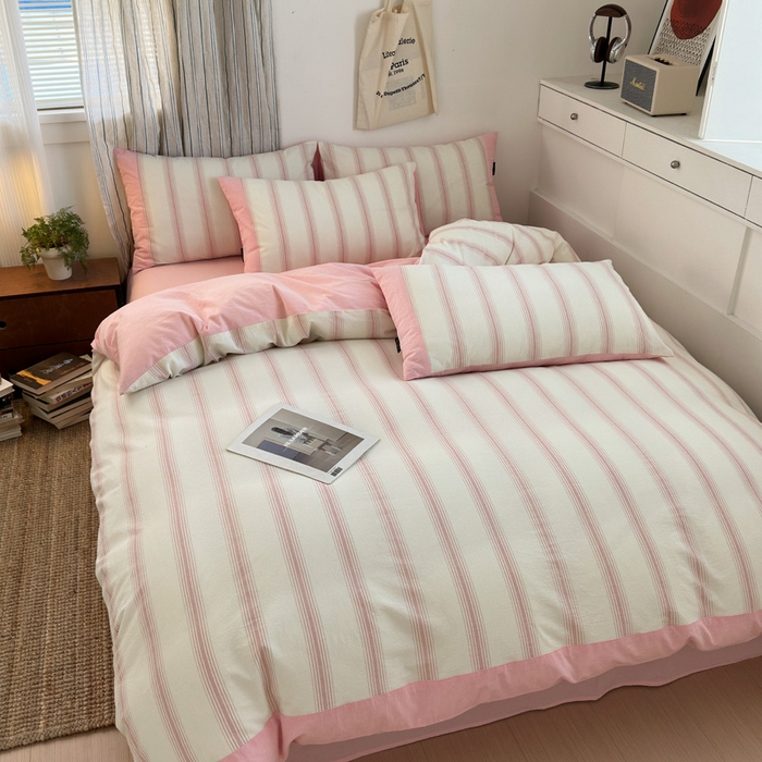 91家纺网 家纺一手货源 找家纺 娜娜 2025新款A类全棉色织水洗棉四件套 罗马系列-条纹粉