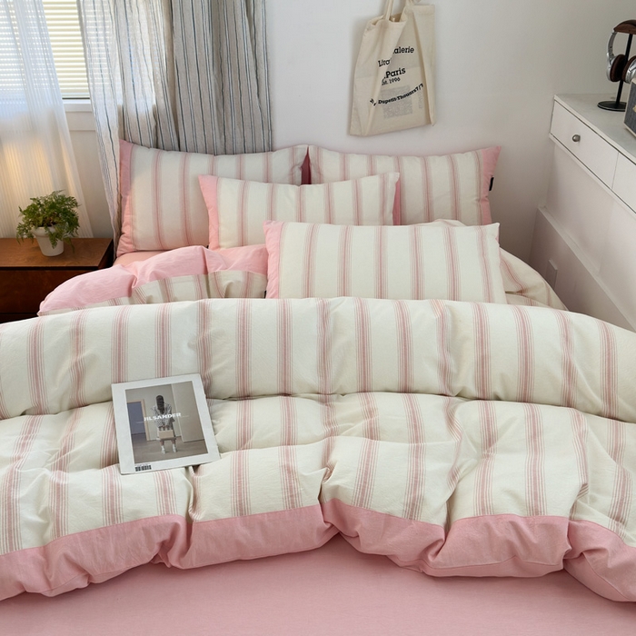 91家纺网 家纺一手货源 找家纺 娜娜 2025新款A类全棉色织水洗棉四件套 罗马系列-条纹粉