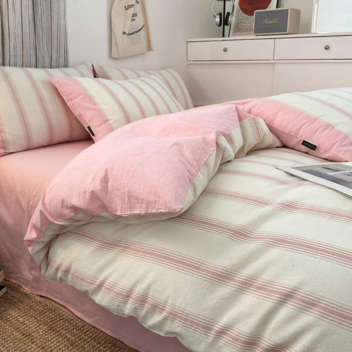 91家纺网 家纺一手货源 找家纺 娜娜 2025新款A类全棉色织水洗棉四件套 罗马系列-条纹粉