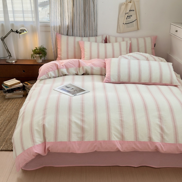 91家纺网 家纺一手货源 找家纺 娜娜 2025新款A类全棉色织水洗棉四件套 罗马系列-条纹粉