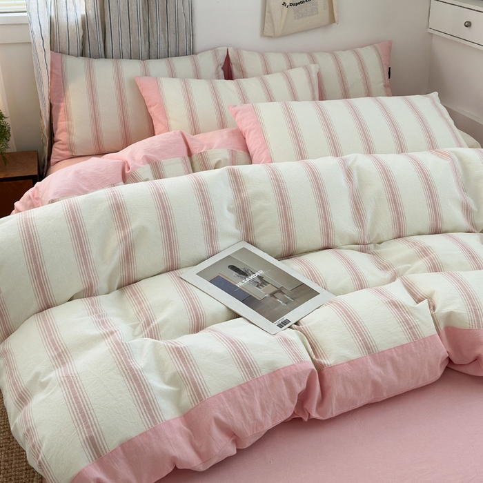 91家纺网 家纺一手货源 找家纺 娜娜 2025新款A类全棉色织水洗棉四件套 罗马系列-条纹粉