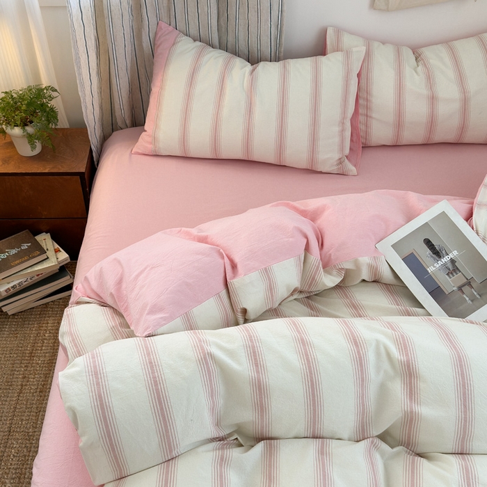 91家纺网 家纺一手货源 找家纺 娜娜 2025新款A类全棉色织水洗棉四件套 罗马系列-条纹粉