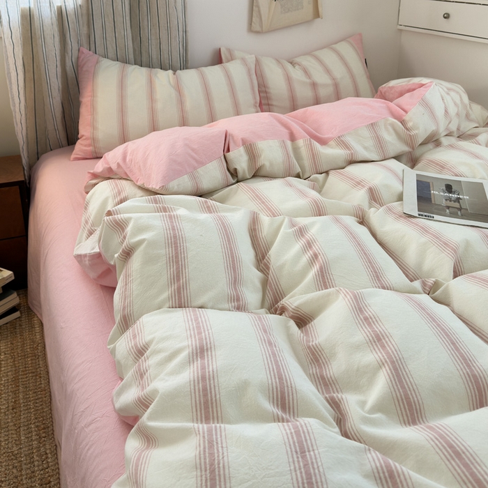 91家纺网 家纺一手货源 找家纺 娜娜 2025新款A类全棉色织水洗棉四件套 罗马系列-条纹粉