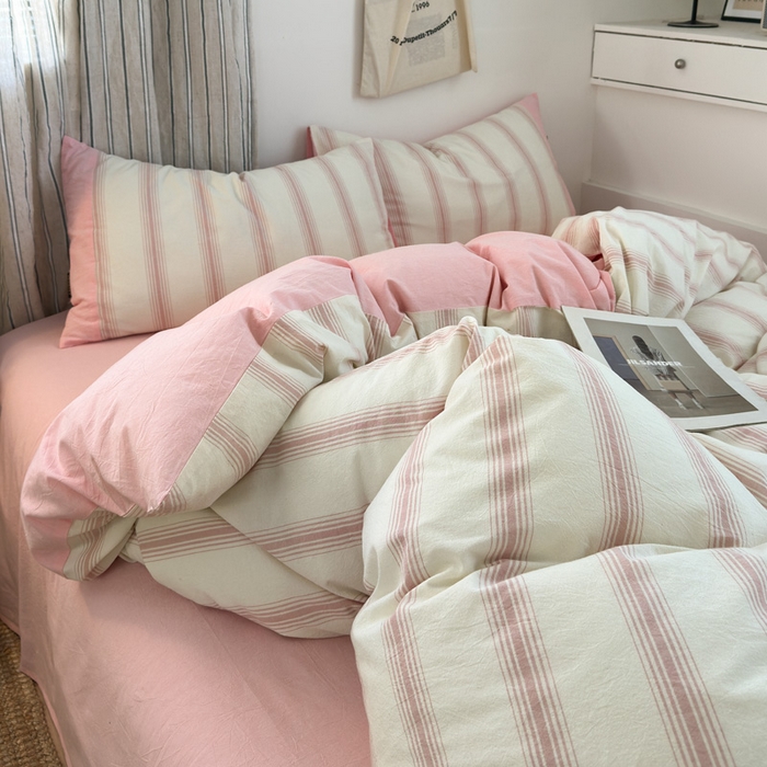 91家纺网 家纺一手货源 找家纺 娜娜 2025新款A类全棉色织水洗棉四件套 罗马系列-条纹粉