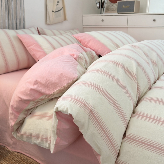 91家纺网 家纺一手货源 找家纺 娜娜 2025新款A类全棉色织水洗棉四件套 罗马系列-条纹粉