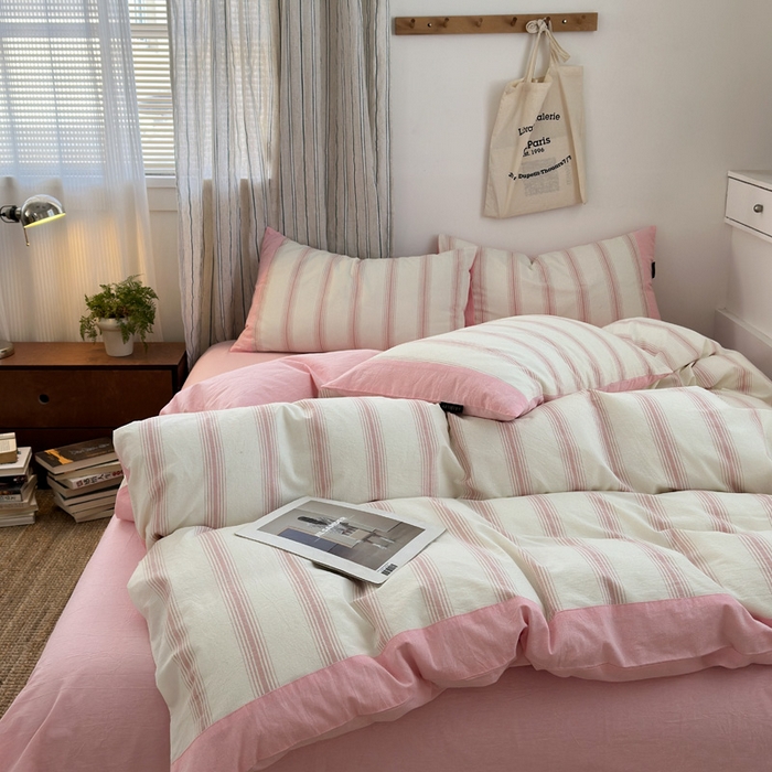 91家纺网 家纺一手货源 找家纺 娜娜 2025新款A类全棉色织水洗棉四件套 罗马系列-条纹粉