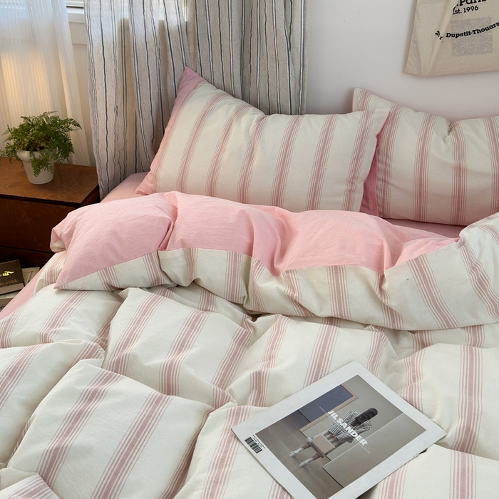 91家纺网 家纺一手货源 找家纺 娜娜 2025新款A类全棉色织水洗棉四件套 罗马系列-条纹粉