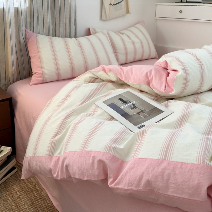 91家纺网 家纺一手货源 找家纺 娜娜 2025新款A类全棉色织水洗棉四件套 罗马系列-条纹粉