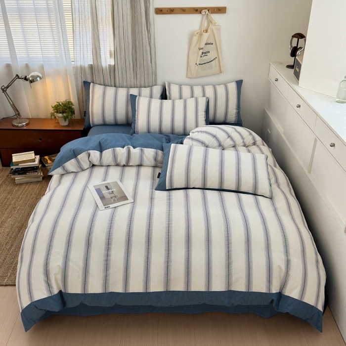 91家纺网 家纺一手货源 找家纺 娜娜 2025新款A类全棉色织水洗棉四件套 罗马系列-深蓝