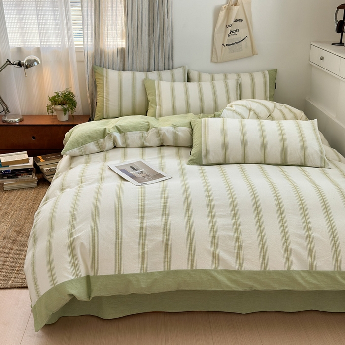 91家纺网 家纺一手货源 找家纺 娜娜 2025新款A类全棉色织水洗棉四件套 罗马系列-条纹绿