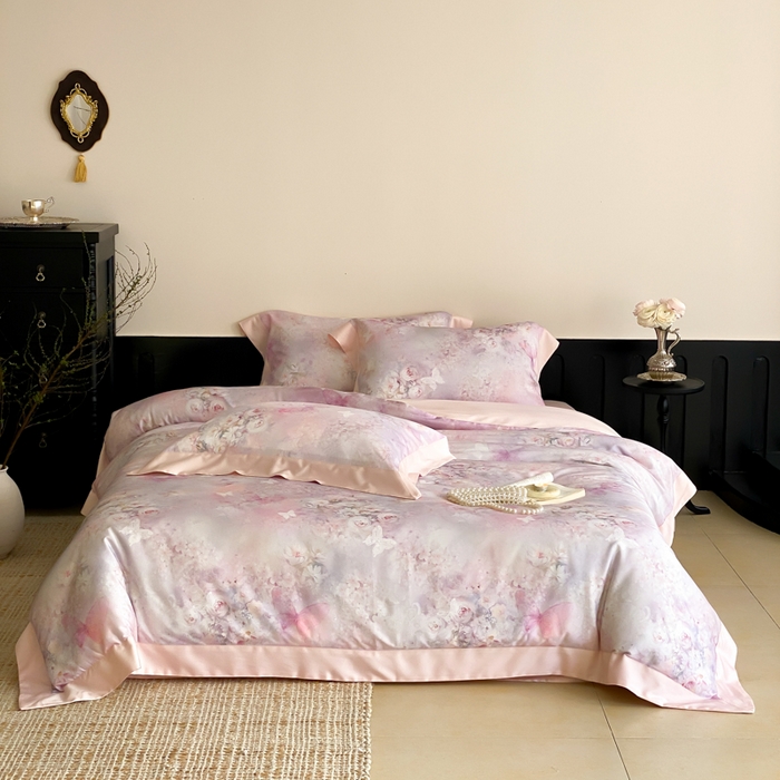 91家纺网 家纺一手货源 找家纺 云栖家居 2025天丝棉数码印花四件套 春山花漫-粉