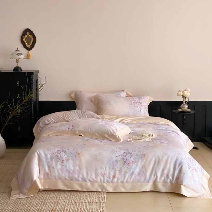 91家纺网 家纺一手货源 找家纺 云栖家居 2025天丝棉数码印花四件套 春山花漫-香槟