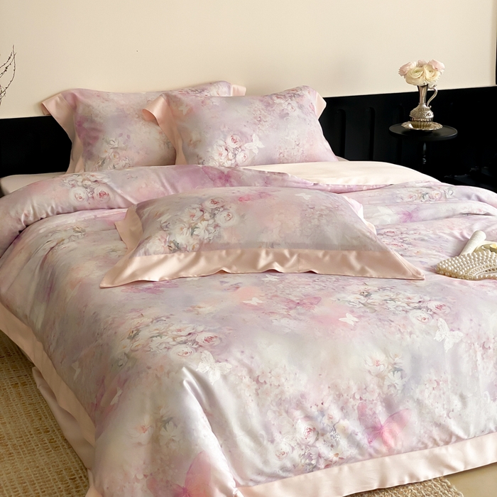 91家纺网 家纺一手货源 找家纺 云栖家居 2025天丝棉数码印花四件套 春山花漫-粉