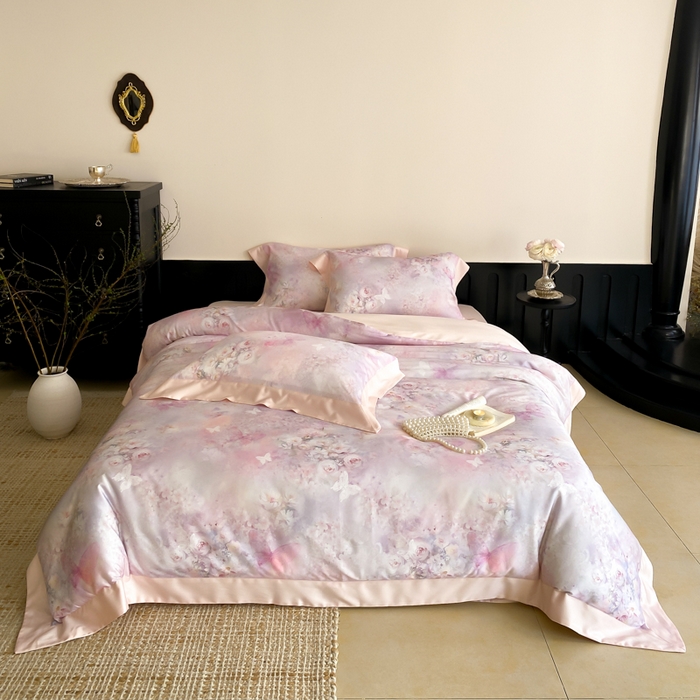 91家纺网 家纺一手货源 找家纺 云栖家居 2025天丝棉数码印花四件套 春山花漫-粉