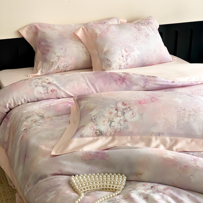 91家纺网 家纺一手货源 找家纺 云栖家居 2025天丝棉数码印花四件套 春山花漫-粉