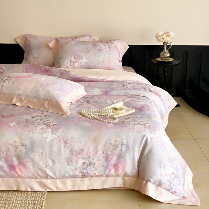 91家纺网 家纺一手货源 找家纺 云栖家居 2025天丝棉数码印花四件套 春山花漫-粉